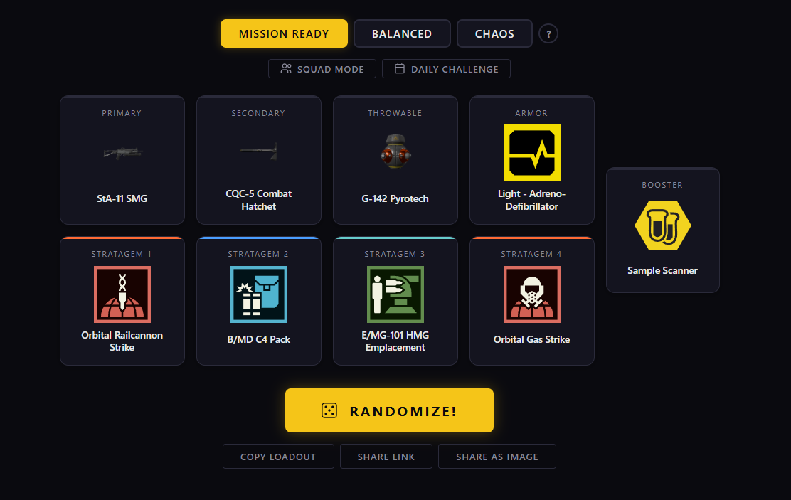 A Mission Ready loadout result showing a viable build with anti-tank and crowd control coverage