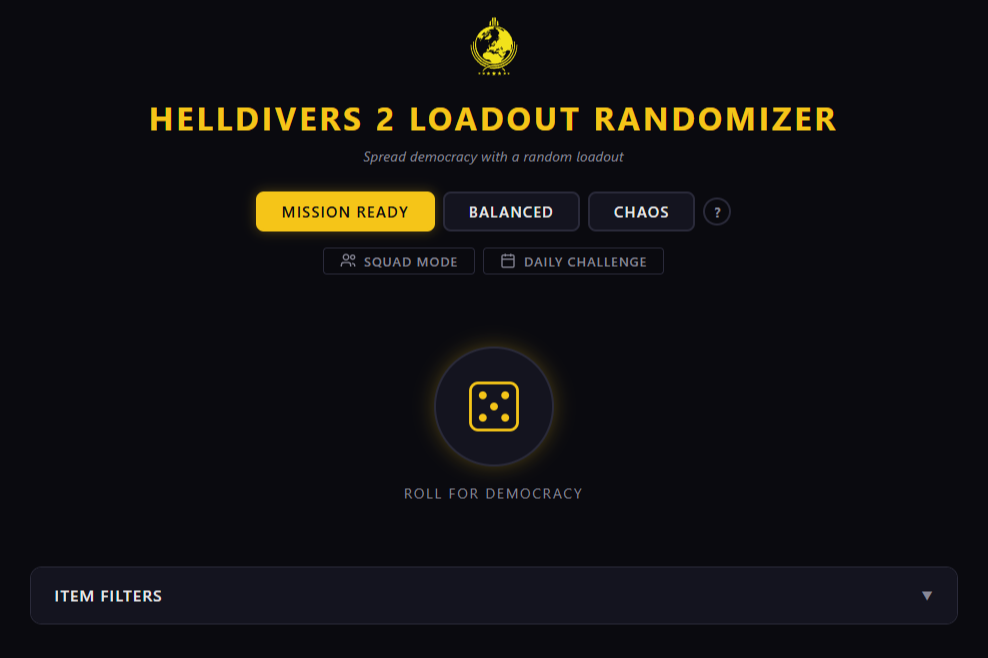 The HD2 Loadout Randomizer interface showing the mode selector and roll button